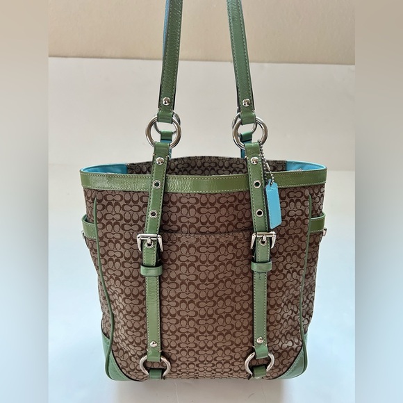 Coach Purse Tan Handbag Beige Blue Green Satchel D0849-F12344 Tote - Picture 3 of 16